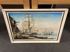 Robert Turnbull : Tall ships on a quay, oil on board, 74 cm x 49 cm, signed, framed.
