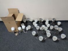 Five contemporary five-way ceiling lights with glass shades together with a box containing seven
