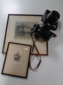 A Zenit-B camera in leather case together with two signed black and white etching to include The