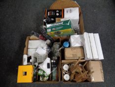 Three boxes of miscellany to include umbrellas, mugs, fan heater, garden ornaments, pond guard,