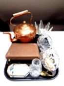 A tray of costume jewellery, assorted glass ware, antique copper kettle, cased cake forks,