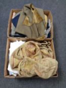 Two boxes of assorted clothing to include Barbour waistcoat, material,