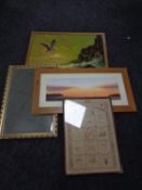 A gilt framed bevelled edge mirror together with a framed needlework coronation calendar 1937,