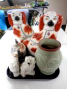 A tray containing Wedgwood and Denby vases, Staffordshire figures,