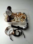 A tub of costume jewellery, simulated pearls,