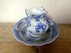 A Chinese blue and white miniature wash jug and basin
