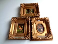 Three miniatures oils on board depicting chickens,