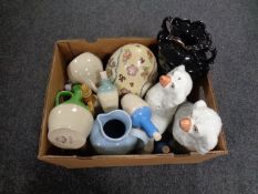 A box containing assorted antique and later ceramics to include transfer printed vase,
