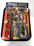 A tray containing five die cast car sets to include London's Fire Engine,