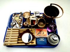 A tray of miscellany to include crested spoons, cased butter knives, money box, decimal coin set,