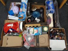 Five boxes of miscellany to include military helmet, costume jewellery, disc drive,