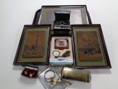 Three framed panels together with a cigarette case, lady's wristwatches, silver cuff links,