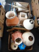 Three boxes of glass yard of ale, LP box sets, table lamps, serving trays,