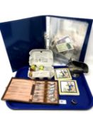 A tray containing miniature plated coal scuttle, painted eggs, two Quimper tiles, dress ring,