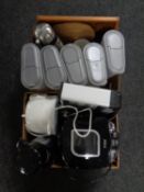 Two boxes containing kitchen electricals, flasks, pump pot, fly zapper,