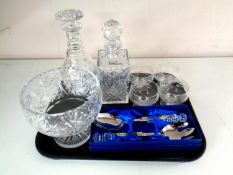 A tray containing assorted glass ware to include boxed Waterford crystal servers,