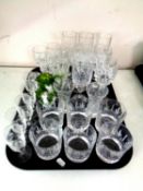 A tray of a quantity of assorted drinking glasses to include a set of six Edinburgh crystal whisky