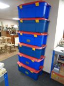 Seven Contico plastic storage boxes with lids