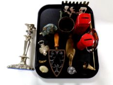 A tray containing assorted metal wares to include plated candlestick,
