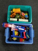 Two boxes containing children's toys to include plastic and die cast vehicles to include a Corgi