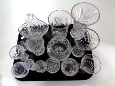 A tray containing lead crystal and cut glassware to include vases,