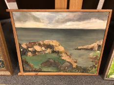 Continental school : Rocks by a coastline, oil on canvas,
