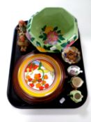 A tray containing a Maling octagonal bowl, a Wedgwood Landscapes of Clarice Cliff plate,