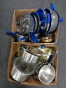 Two boxes containing a quantity of aluminium kitchen pans with lids to include Flavorstone
