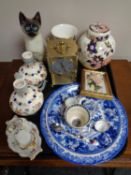 A tray of carriage clock and assorted ceramics to include Royal Crown Derby miniature mug and