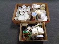 Three boxes containing miscellaneous to include dinner ware, Ringtons teapots,