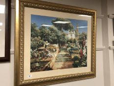 A contemporary gilt framed print, steps in a flower garden,