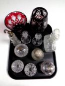 A tray containing assorted antique and later glassware to include cut glass and silver scent bottle