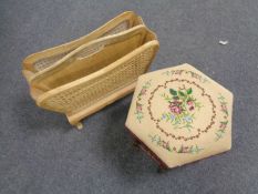 A blonde oak bergere magazine rack together with a hexagonal tapestry upholstered stool