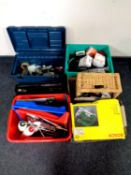 Two plastic crates and a tool box of assorted hand tools, hardware, bulbs, timing switches,