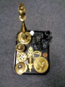 A tray of antique and later metal ware to include pair of painted spelter figures of rearing horses,