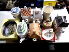 A tray of assorted ceramics to include Ringtons teapots, Crown Ducal vase,