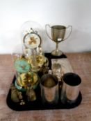 A tray of plated wares to include cigarette box, tankards, trophy,