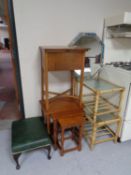 Two bamboo and wicker glass topped tables together with an oak sewing box, nest of three tables,