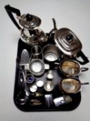 A tray containing a four piece Sheffield plated tea service together with other plated wares,