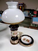 An Italian ceramic lamp with glass shade and matching ash tray