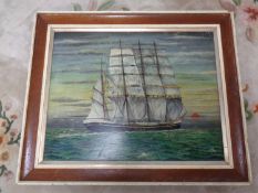 A J Brown oil on board of a tall ship,