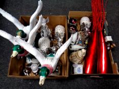 Two boxes containing three plastic duck in flight figures, contemporary ornaments,