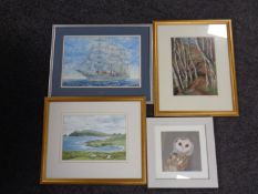 An R M Norie watercolour of a tall ship, framed,