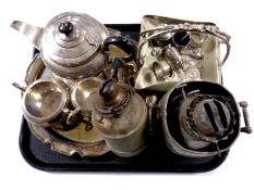 A tray of plated wares to include three piece tea service on tray, cruet, napkin ring etc,