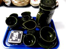 A tray containing a fifteen piece Barratts glazed pottery coffee service together with a Wedgwood