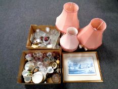 Three brass table lamps with shades, contemporary comport in metal stand, Judy Boyes signed print,