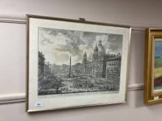 A 19th century engraving depicting an Italian plaza,