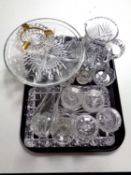 A tray containing a quantity of lead crystal cut glassware to include trinket set, jug,