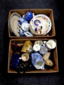 Two boxes containing miscellaneous china to include Ringtons chintz and commemorative ware, mugs,