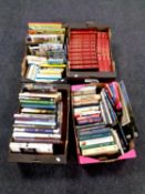 Four boxes containing hardback books, reference, autobiography, Viz annuals and comics,